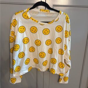 Altar'd State White Yellow Smiley Face Long Sleeve Top